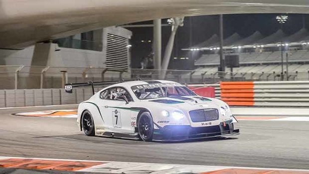 Back on track at last ... the Bentley Continental GT3 in its first hitout this month in Abu Dhabi.