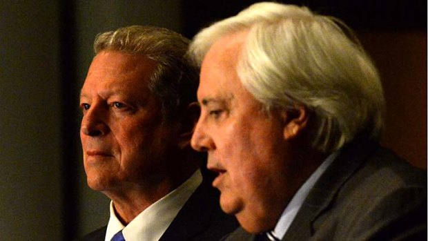 New deal: PUP leader Clive Palmer and former US vice-president Al Gore. Mr Palmer says the party will vote to abolish the carbon tax.