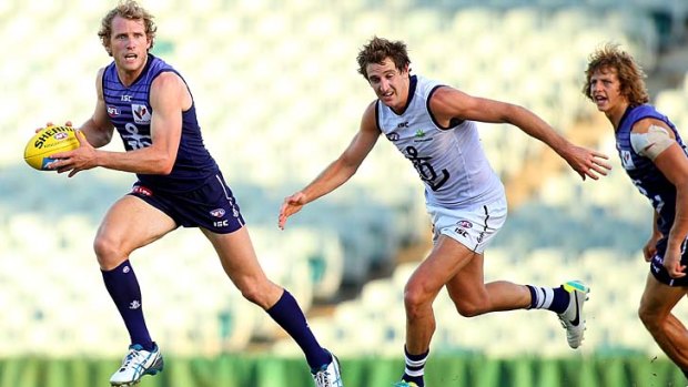 Running man: David Mundy breaks clear during the Dockers' intraclub match on Tuesday.