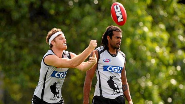 Looking for a leader: Heath Shaw and Harry O'Brien at a Collongwood training session on Wednesday.