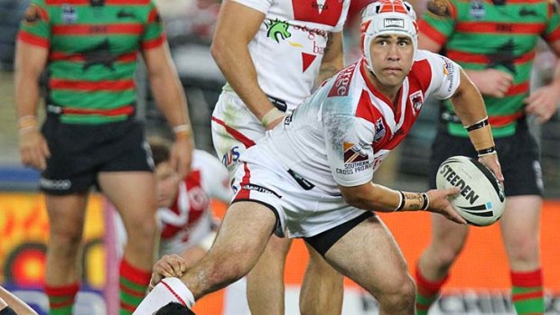 Still waiting . . . St George Illawarra five-eighth Jamie Soward looks for a runner against South Sydney on Mondau night. The No.6 has been tipped to make his Origin debut this year.