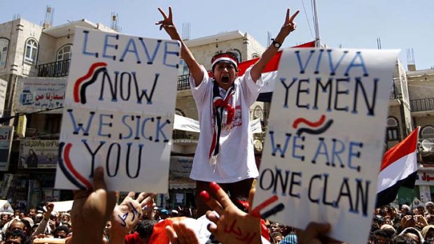 Yemeni anti-government protesters chant slogans demanding the resignation of Yemeni President Ali Abdullah Saleh in Sanaa.