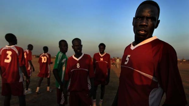 An Abyei player moments after winning the match against the town's new Mulmul football team.