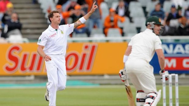 Brad Haddin (right) watches as he is dismissed by South African paceman Dale Steyn.