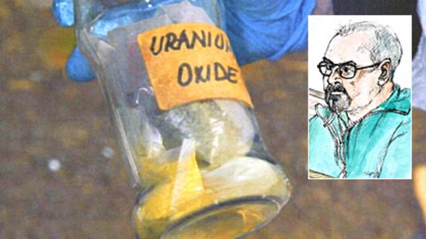 A picture of the uranium oxide powder found at a storage facility at Harcourt, outside Castlemaine, and (inset) a sketch of Andrew McNaughton in court.