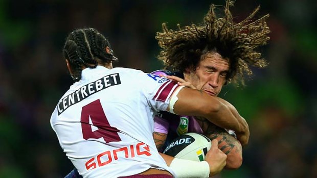 No quarter: Kevin Proctor’s Storm and Steve Matai’s Manly might play contrasting styles but couldn’t be separated on Monday night.
