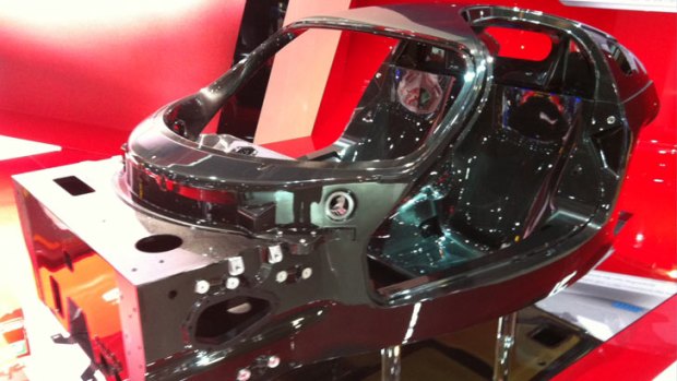 The Ferrari Enzo replacement's carbon fibre shell on display at the 2012 Paris motor show.
