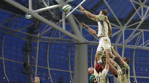 England's David Strettle wins the lineout.