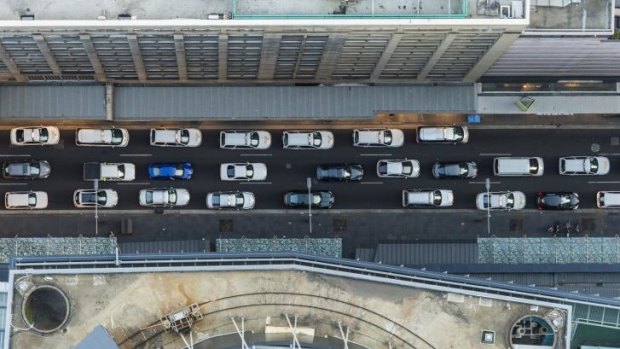 Going nowhere fast: Traffic in the CBD, seen from Sydney Tower. 
