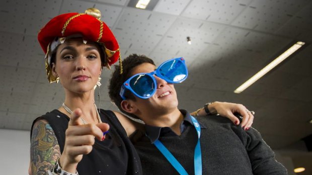 MTV TV Presenter Ruby Rose and Telopea student Talis Tebecis prepare for a photo in the photobooth at the Cyber Security Awareness Summit.   rt120612WaterPolo-5043_RAZ5043.jpg