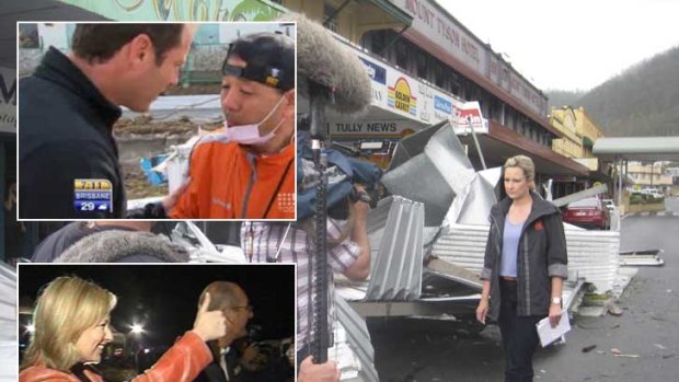 Parachuting in ... Melissa Doyle reports on Cyclone Yasi from Tully. Top left: Karl Stefanovic reports from Japan following the recent earthquake and tsunami. Bottom left: Doyle and David Koch at Beaconsfield.