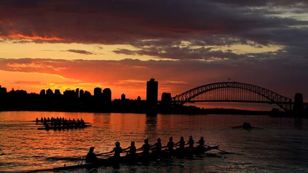 Pulling together &#8230; teams of rowers off Balmain yesterday. It has been announced that Australia will host events for the World Cup in 2013 and 2014 at the International Regatta Centre at Penrith Lakes.