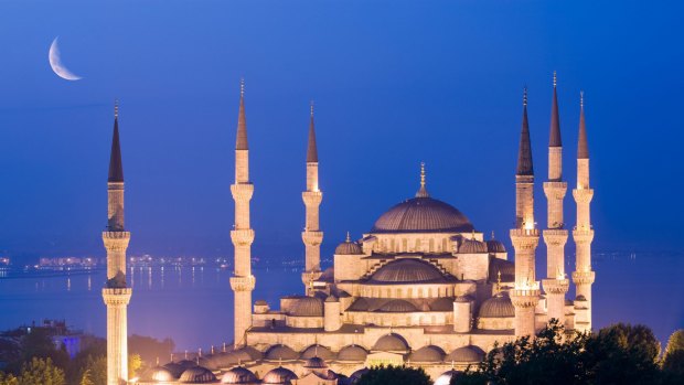 A crescent moon over the Blue Mosque in Istanbul.