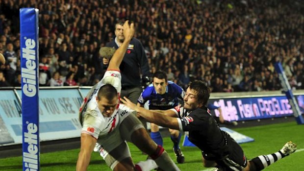 Quantum leap &#8230; Ryan Hall scores a try in England's 28-6 win over the Kiwis.