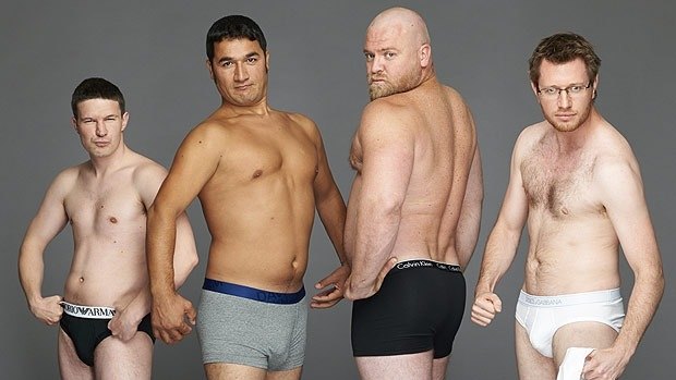 Four real men bravely pose as underwear models.