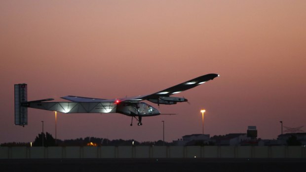 Bertrand Piccard, one of the two Swiss pilots of the solar-powered plane Solar Impluse 2, takes off from the Emirati capital Abu Dhabi's small Al-Bateen airport during a third test flight early on Monday.
