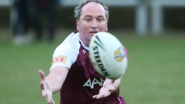 League lover ... Barnaby Joyce during a State of Origin touch rugby match at Parliament House Canberra on Wednesday 26 June 2013. Photo: Andrew Meares