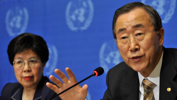 United Nations Secretary General Ban Ki-moon (right) speaks with World Health Organisation Director General Margaret Chan during a news conference in Geneva.