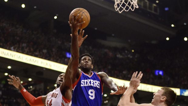Rebuilding: Philadelphia's JaKarr Sampson drives during a loss to Houston this month.