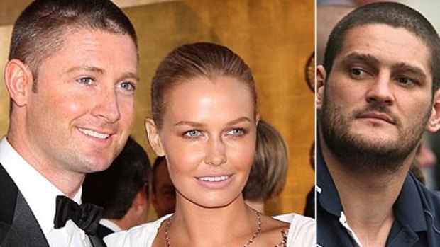 Nude photo ... Lara Bingle, pictured with fiance Michael Clarke, left, does not want to speak to Brendan Fevola.