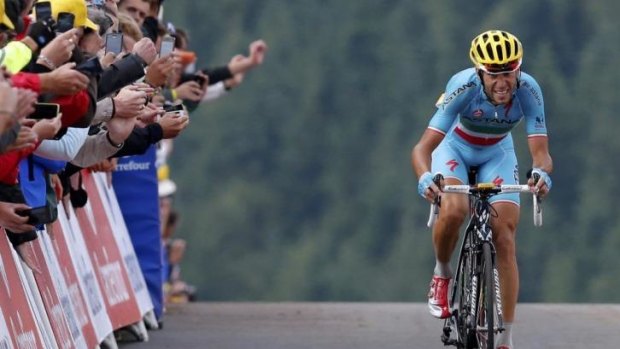 Powerhouse ... Astana team rider Vincenzo Nibali of Italy cycles to the finish line to win the 161.5-km tenth stage between Mulhouse and La Planche Des Belles Filles.