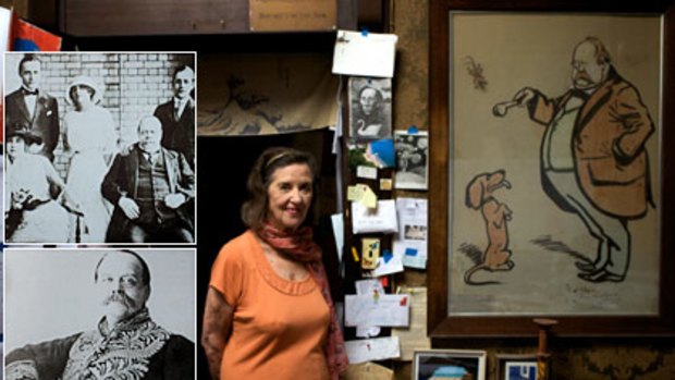 Pride ... Anne Fairbairn, main, at the home of Martin Sharp, with a cartoon of Reid, whose bulging stomach and bushy moustache cartoonists exploited; a family portrait, above, belonging to Ms Fairbairn; and a formal portrait.