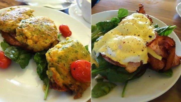 The corn and coriander fritters ($17) and eggs benedict ($16).