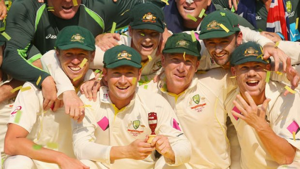 Million-dollar men: Australia celebrate a 5-0 clean sweep of England in the Ashes in January.