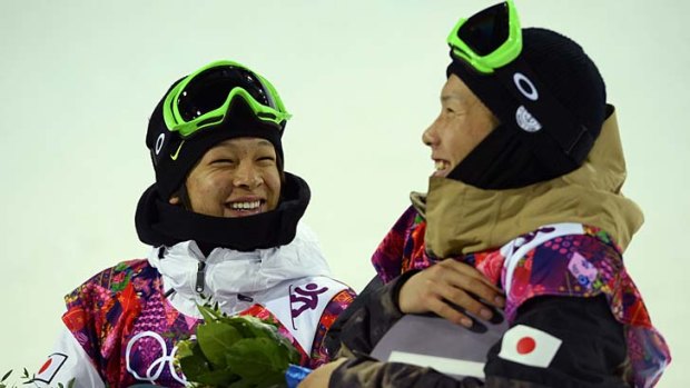 Japan's Ayumu Hirano, left, with his compatriot Taku Hiraoka.