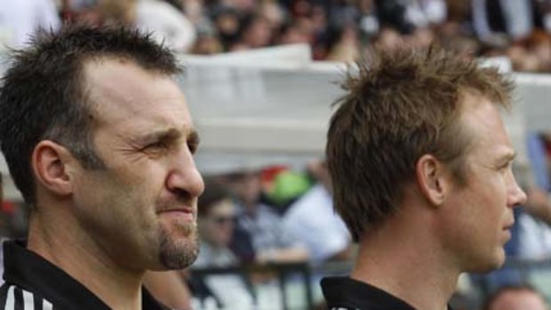 Magpies assistant coaches Anthony Rocca and Max Hudghton at Anzac Day in April.