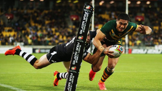 Sione Mata’utia dives for the line against the Kiwis but the try  was called back. 