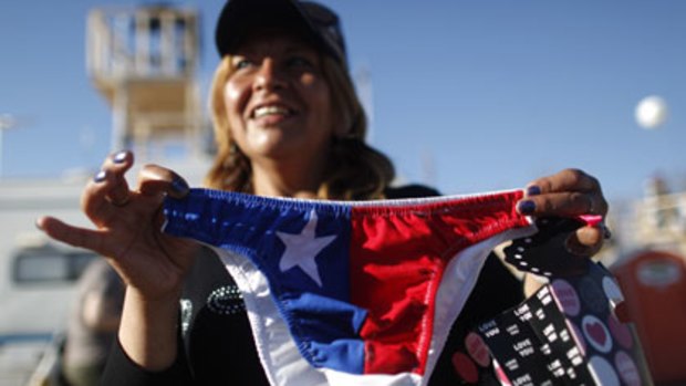 Patriotic ... a mother shows off Chilean flag underwear.