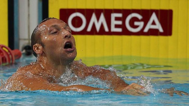 Back in the swim: Ian Thorpe after the men's 100 metres individual medley final last night.