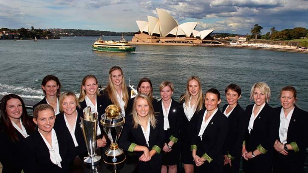Show us the money: The Australian women's cricket team on Tuesday.
