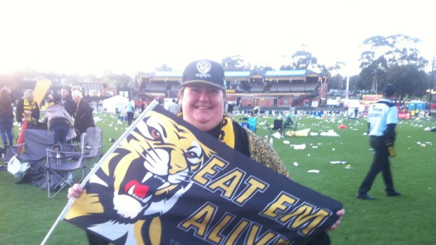 Kylie Burrage was one of the last fans left at Punt Road Oval after Richmond's win.