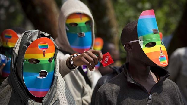 Fear: Gays in neighbouring Kenya protest against the law.
