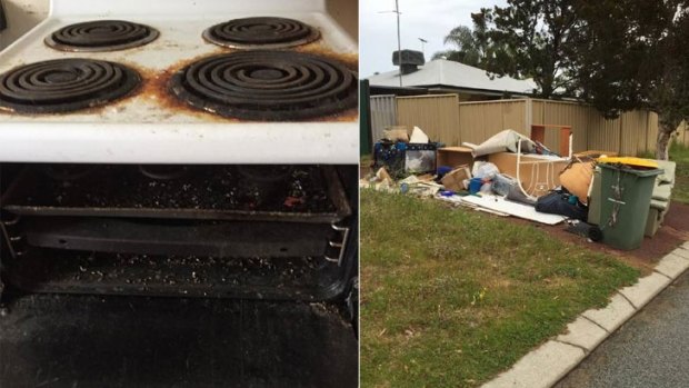 A filthy stove and rubbish outside at the Coodanup property.