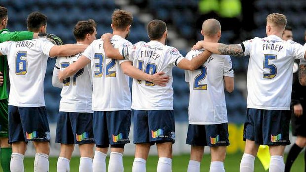 Tribute: Preston players wear shirts with the name Finney in honour of Sir Tom last Saturday.