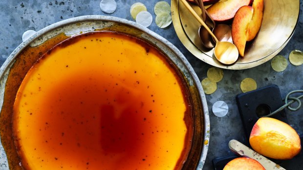 Flan with peaches.