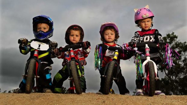 Mite and power: Two-year-old BMX riders Jackson Fretwell, Isabella Booker, Georgia Murray and Lily-Rose Smith.