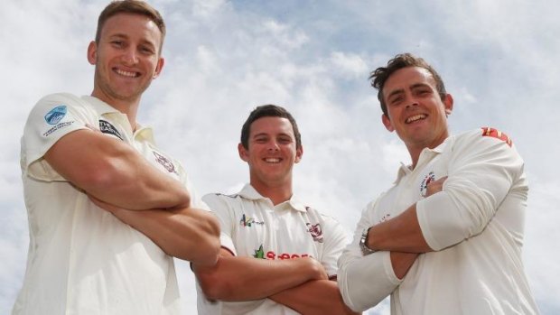 Having a ball: Steve O’Keefe, left, with NSW teammates Josh Hazlewood and Peter Nevill.