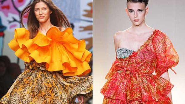 Red and yellow are two hot colours for  next season, seen here in designs by Stella McCartney and Collette Dinnigan.