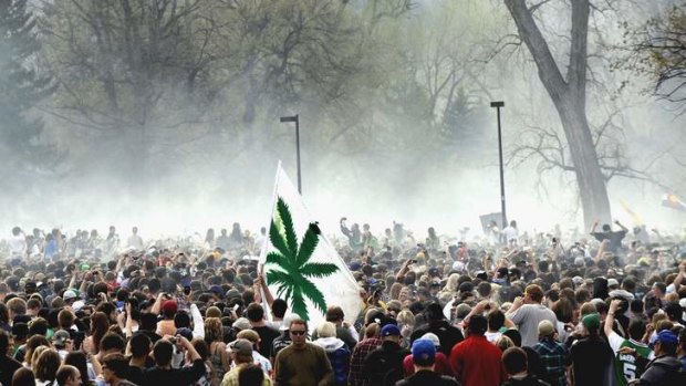 Life in cloud city: Somewhere between 12,000 to 15,000 people exhale as the clock hit 4.20pm at the University of Colorado on April 20, 2010.