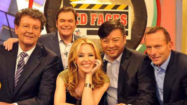 Hey Hey It's Saturday crew from left: Red Symons, Daryl Somers, Kylie Minogue, Rex Lee and Tony Abbott.