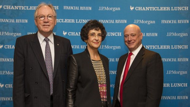 Sir Rod Eddington  (left) chairman JP Morgan and chairman Lion, Nora Scheinkestel chairman Macquarie Atlas Roads, director Telstra and Stockland and Andrew Vesey, managing director & CEO AGL at the Chanticleer Lunch.