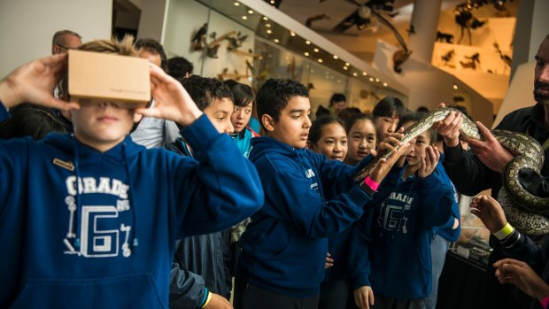 MELBOURNE, AUSTRALIA - SEPTEMBER 14: Students from Carlton Gardens Primary School are seen embarking on the first Natural History Google Expedition using Google Cardboard at Museum Victoria on September 14, 2016 in Melbourne, Australia. (Photo by Josh Robenstone/Fairfax Media) Museum Victoria is partnering with Google on the launch of their new Natural History platform.