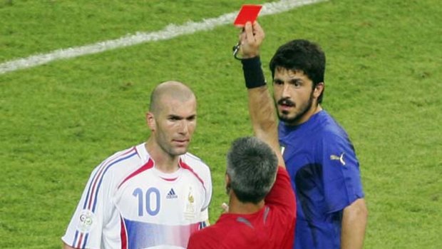 Zinedine Zidane, left, is sent off for a headbutt in the 2006 World Cup final.