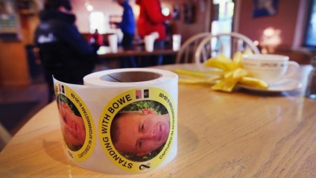 A roll of stickers showing support for Sergeant Bowe Bergdahl sit on a table inside of Zaney's coffee shop where Bergdahl worked as a teenager in Hailey, Idaho.