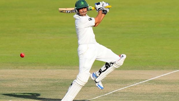 Younis Khan cracks a delivery to the boundary during his knock of 136 on day two of the first Test against Sri Lanka in Abu Dhabi on Wednesday.