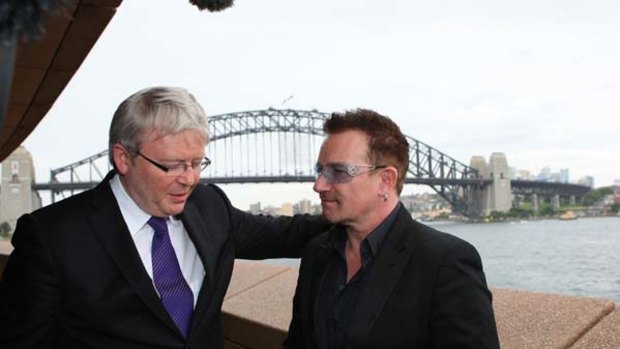 Achtung, baby ... Foreign Minister Kevin Rudd with rock star Bono.